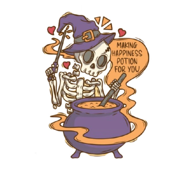 Skeleton character sticker in a witch hat stirring a potion with a speech bubble saying 'Making happiness potion for you' on a white background.