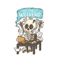 Cartoon skeleton sticker at a desk with 'Yeay Finally Weekend' text on a white background