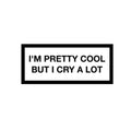 Sticker with text 'I'M PRETTY COOL BUT I CRY A LOT' in a black box on a white background