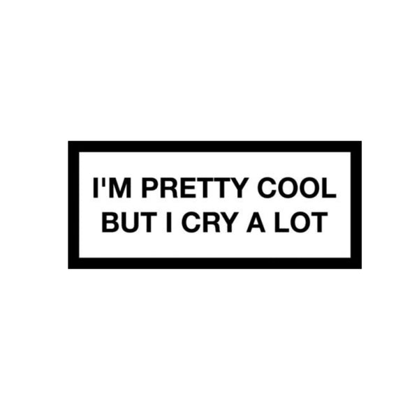 Sticker with text 'I'M PRETTY COOL BUT I CRY A LOT' in a black box on a white background