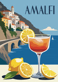 Vintage-style poster of Amalfi Coast with a cocktail and lemons.