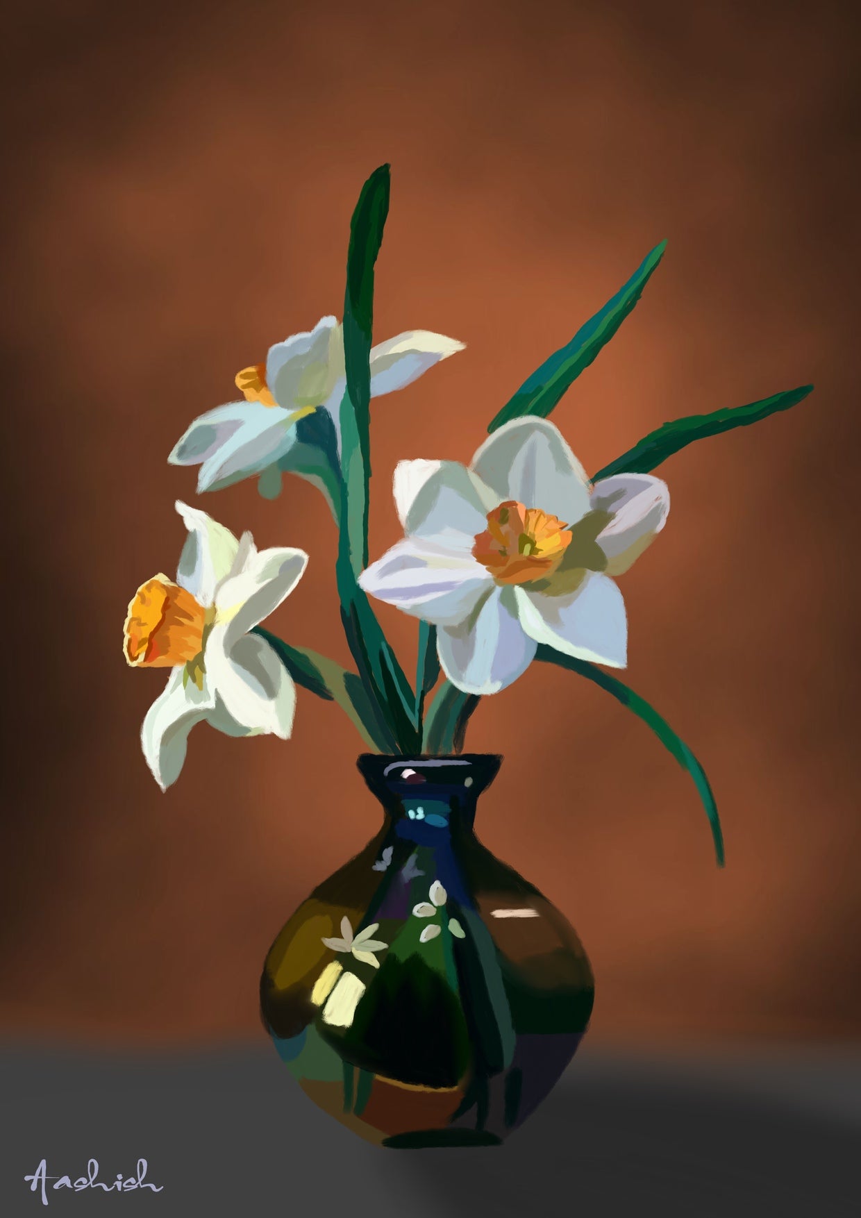 Vase with white flowers on a brown background, daffodils 