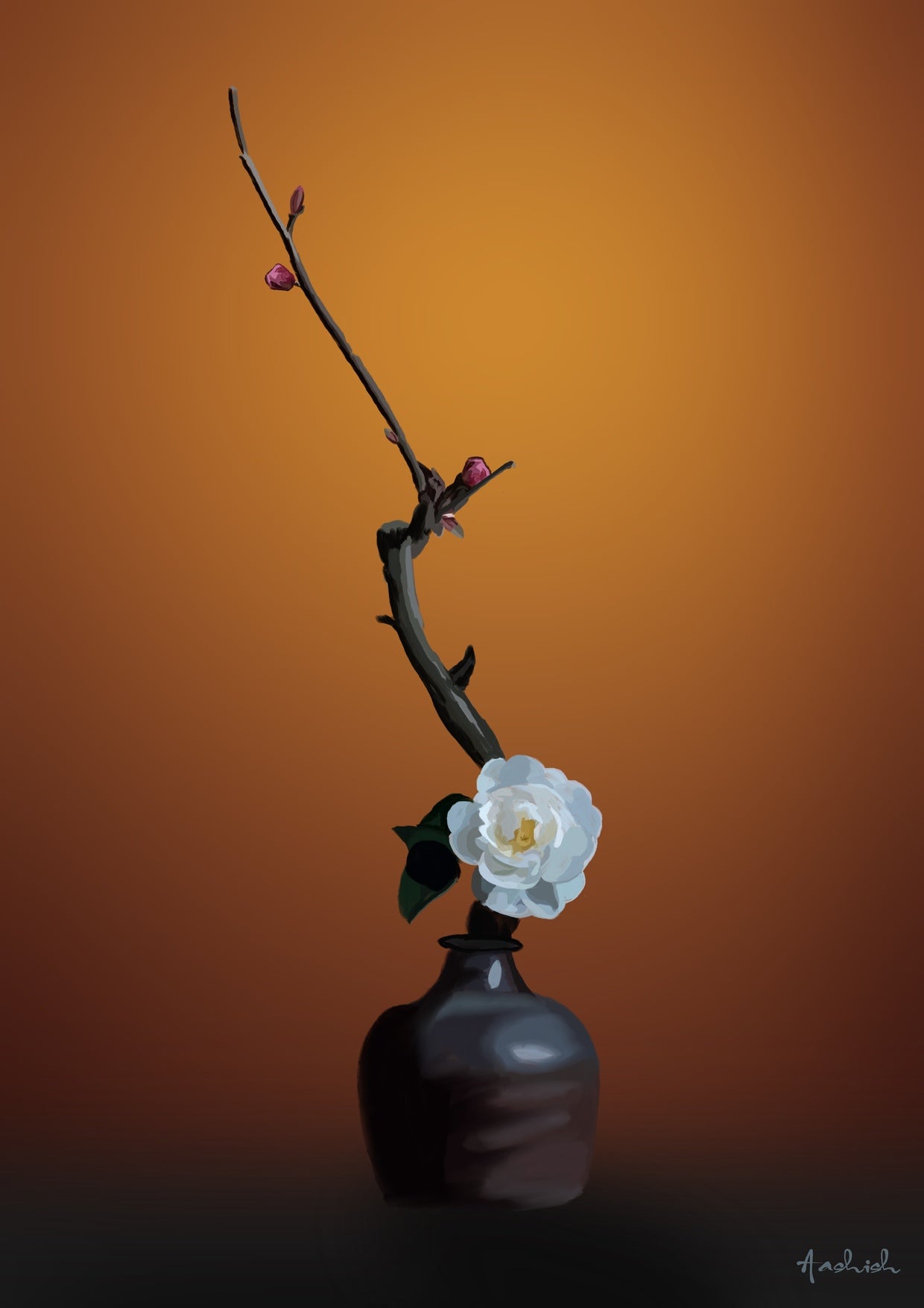 White flower in a dark vase on an orange background