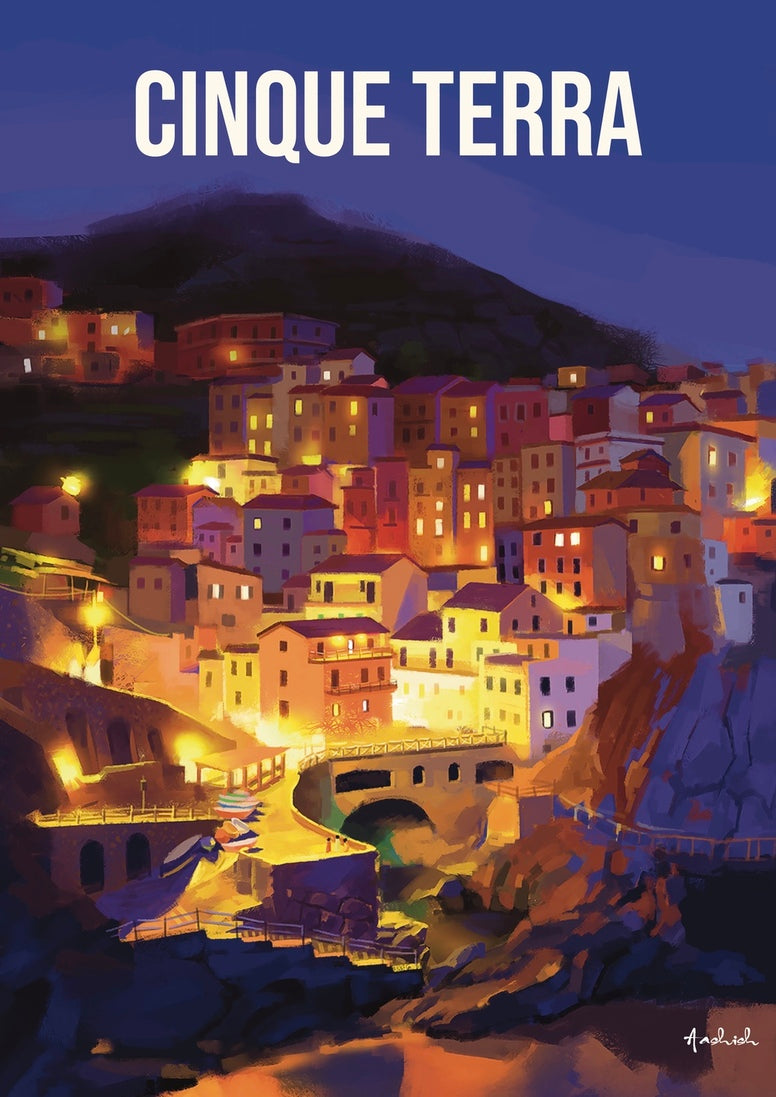 A travel poster or art print depicting the coastal town of Cinque Terre at night, with warm yellow and orange lights glowing from the clustered buildings against a deep blue and purple sky and rocky cliffs. The text 'CINQUE TERRA' appears in large white letters at the top.