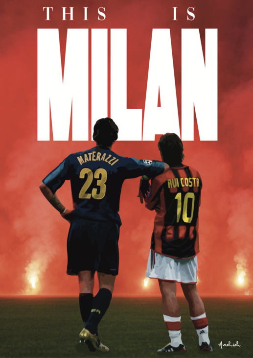 This is Milan poster showing Marco Materazzi and Rui Costa together against a red San Siro backdrop