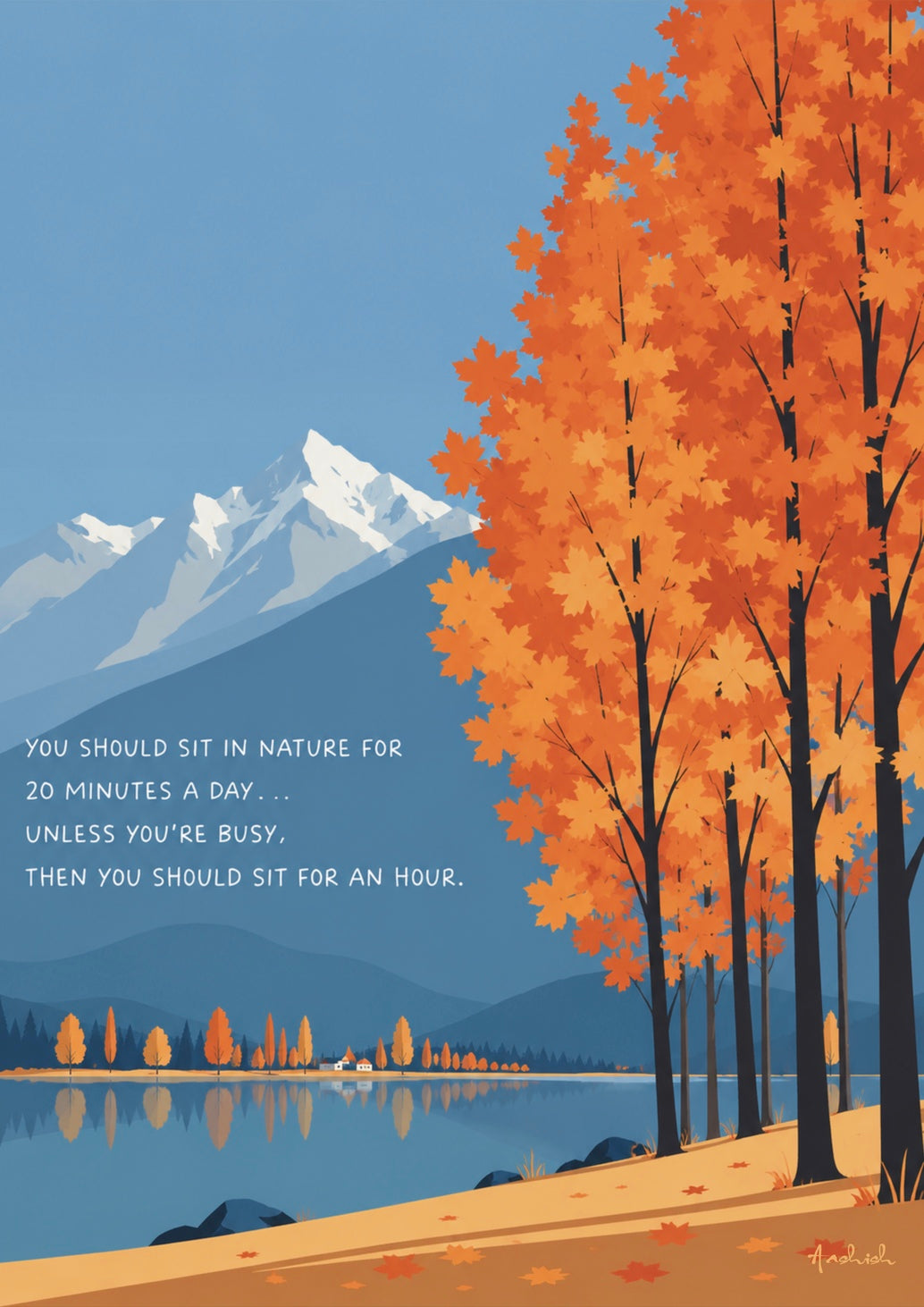 Autumn landscape with trees by a lake and mountains, featuring a motivational quote.