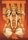 Panchamukhi Hanuman seated in meditation with five crowned faces, gold ornaments and a white garland against an orange background.