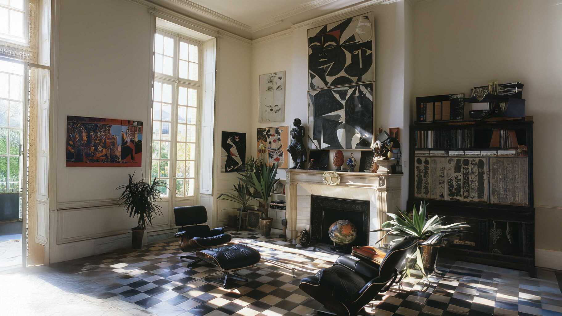 Living room with checkered floor, fireplace, and various decor items.