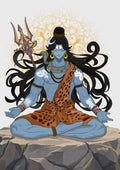 Lord Shiva meditating on a rock, with his trident, serpent, crescent moon, and tiger-skin attire.