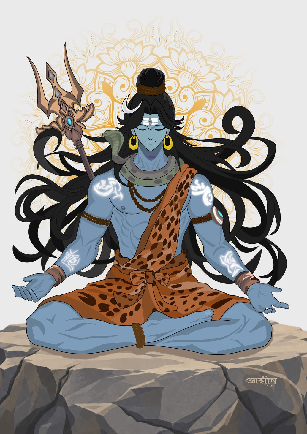 Lord Shiva meditating on a rock, with his trident, serpent, crescent moon, and tiger-skin attire.