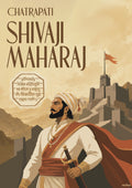 Chhatrapati Shivaji Maharaj in white attire with a saffron drape and sword, with a Sahyadri hill fort, saffron flag and royal seal behind him.
