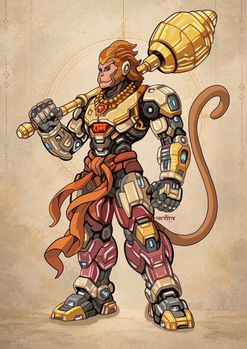Iron Man-inspired Hanuman in golden armor with Ram on his chest, a sacred mala, flowing cloth, mighty gada and tail.